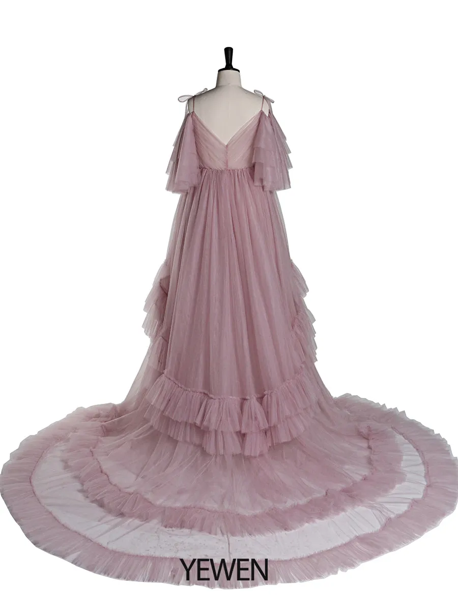 Tulle Maternity Dress For Photo Shoot Stretch Waist Cold Shoulder V Neck Ruffled Baby Shower Dress