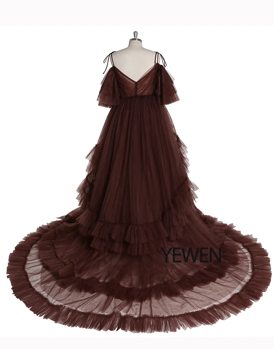 Tulle Maternity Dress For Photo Shoot Stretch Waist Cold Shoulder V Neck Ruffled Baby Shower Dress