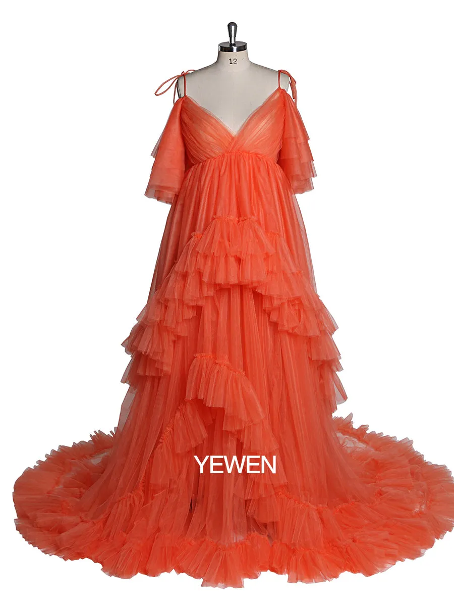 Tulle Maternity Dress For Photo Shoot Stretch Waist Cold Shoulder V Neck Ruffled Baby Shower Dress
