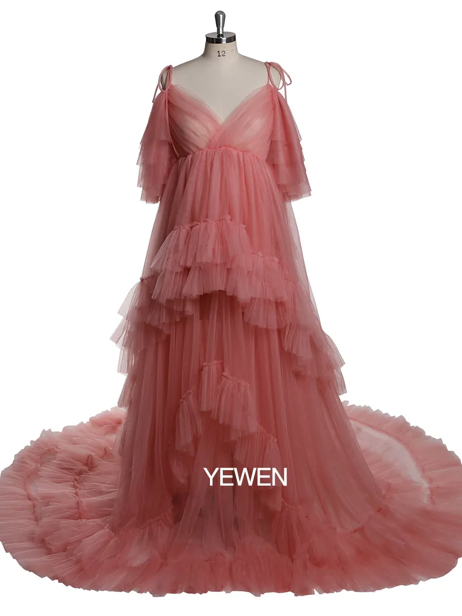 Tulle Maternity Dress For Photo Shoot Stretch Waist Cold Shoulder V Neck Ruffled Baby Shower Dress