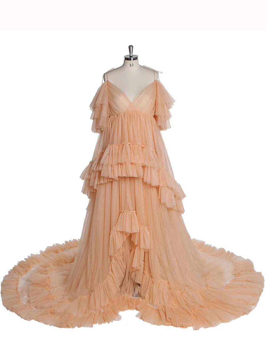 Tulle Maternity Dress For Photo Shoot Stretch Waist Cold Shoulder V Neck Ruffled Baby Shower Dress