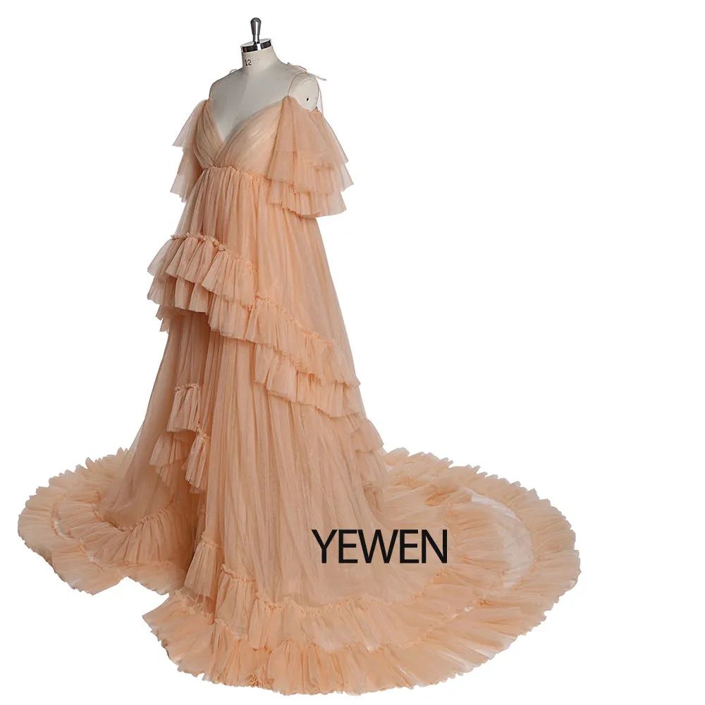 Tulle Maternity Dress For Photo Shoot Stretch Waist Cold Shoulder V Neck Ruffled Baby Shower Dress