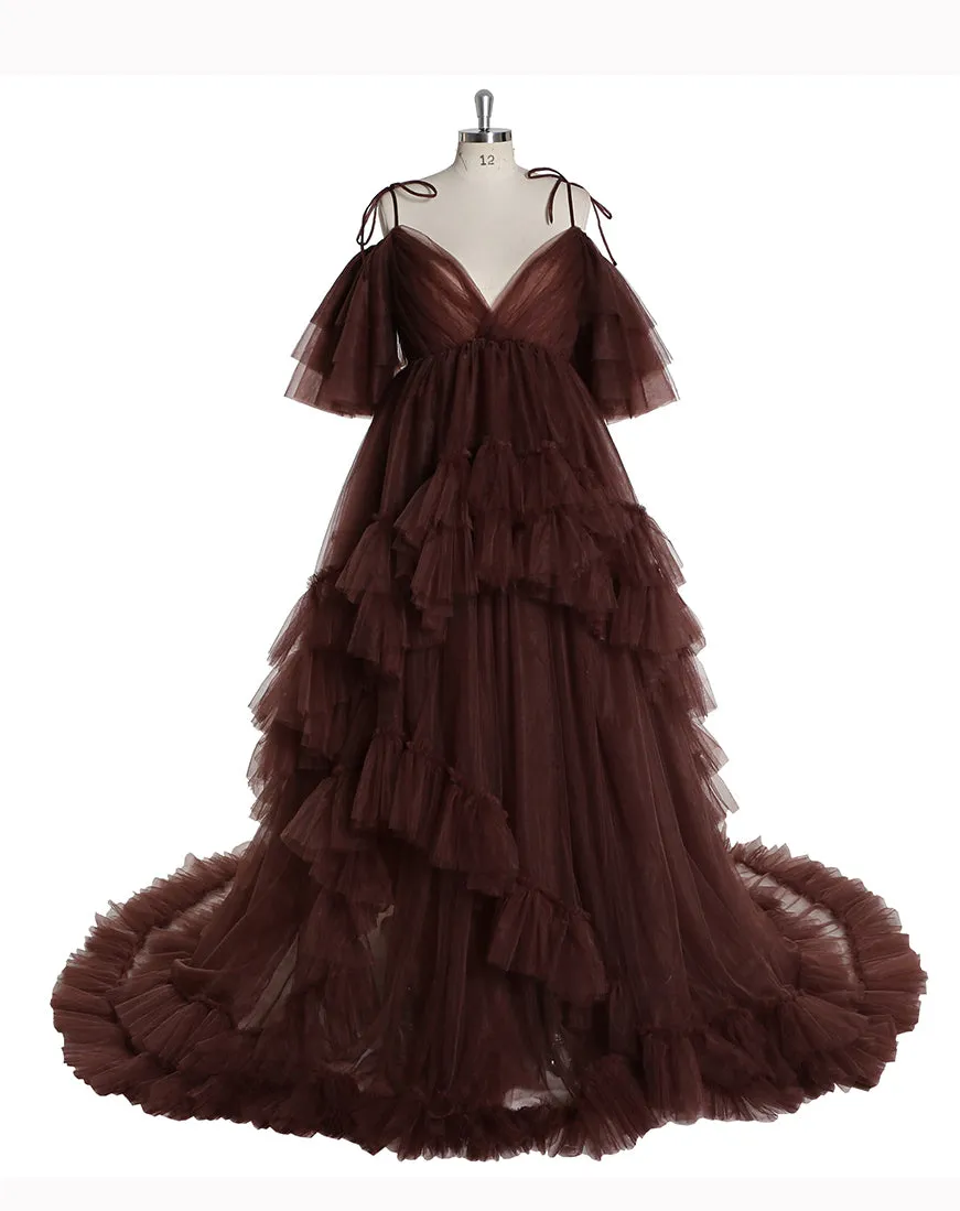 Tulle Maternity Dress For Photo Shoot Stretch Waist Cold Shoulder V Neck Ruffled Baby Shower Dress