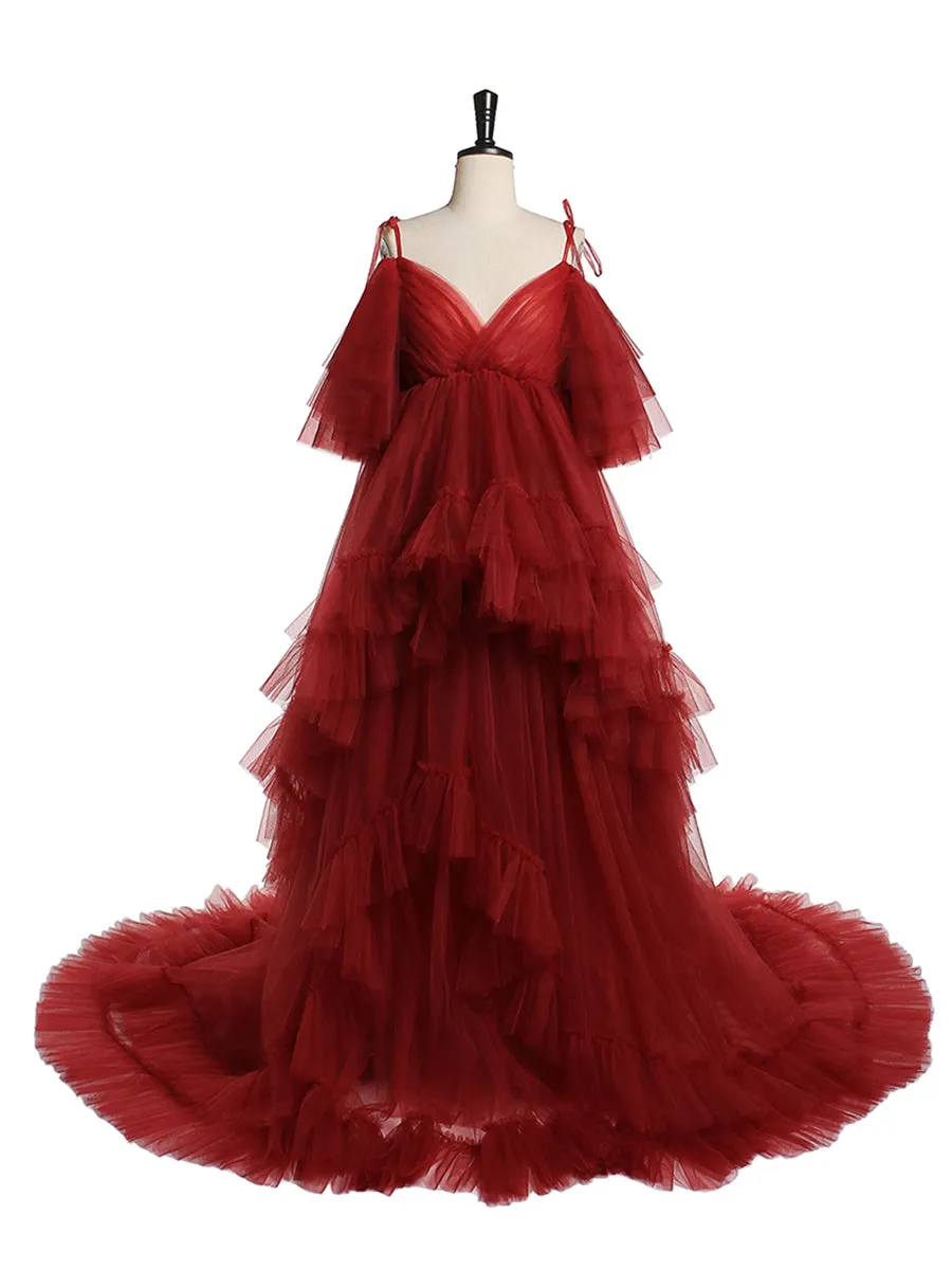 Tulle Maternity Dress For Photo Shoot Stretch Waist Cold Shoulder V Neck Ruffled Baby Shower Dress