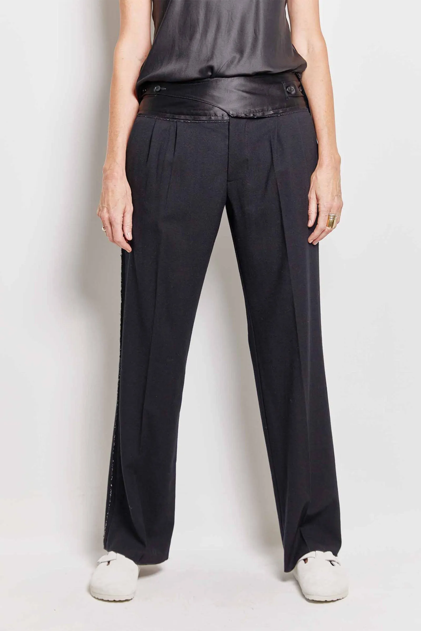 tux black satin wool pant