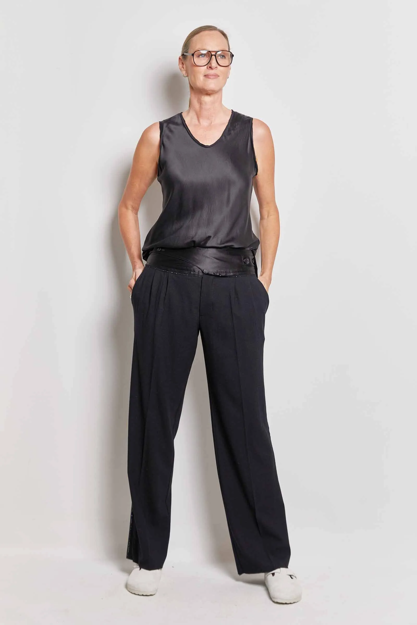 tux black satin wool pant