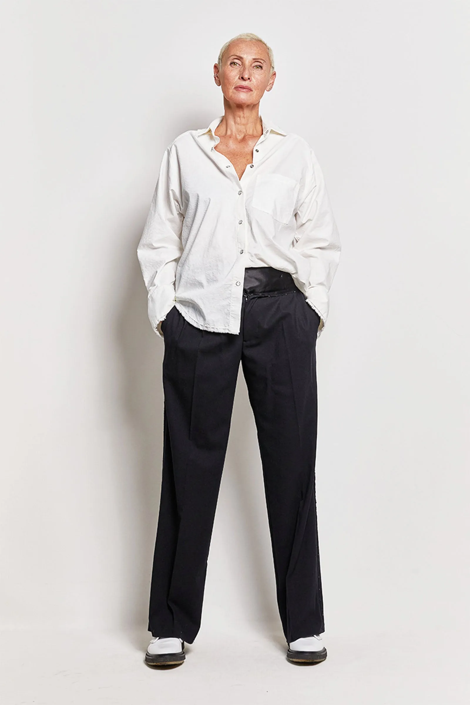 tux black satin wool pant