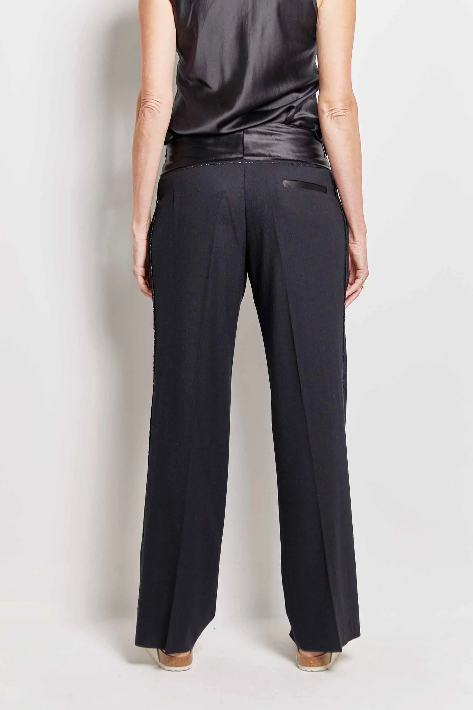 tux black satin wool pant