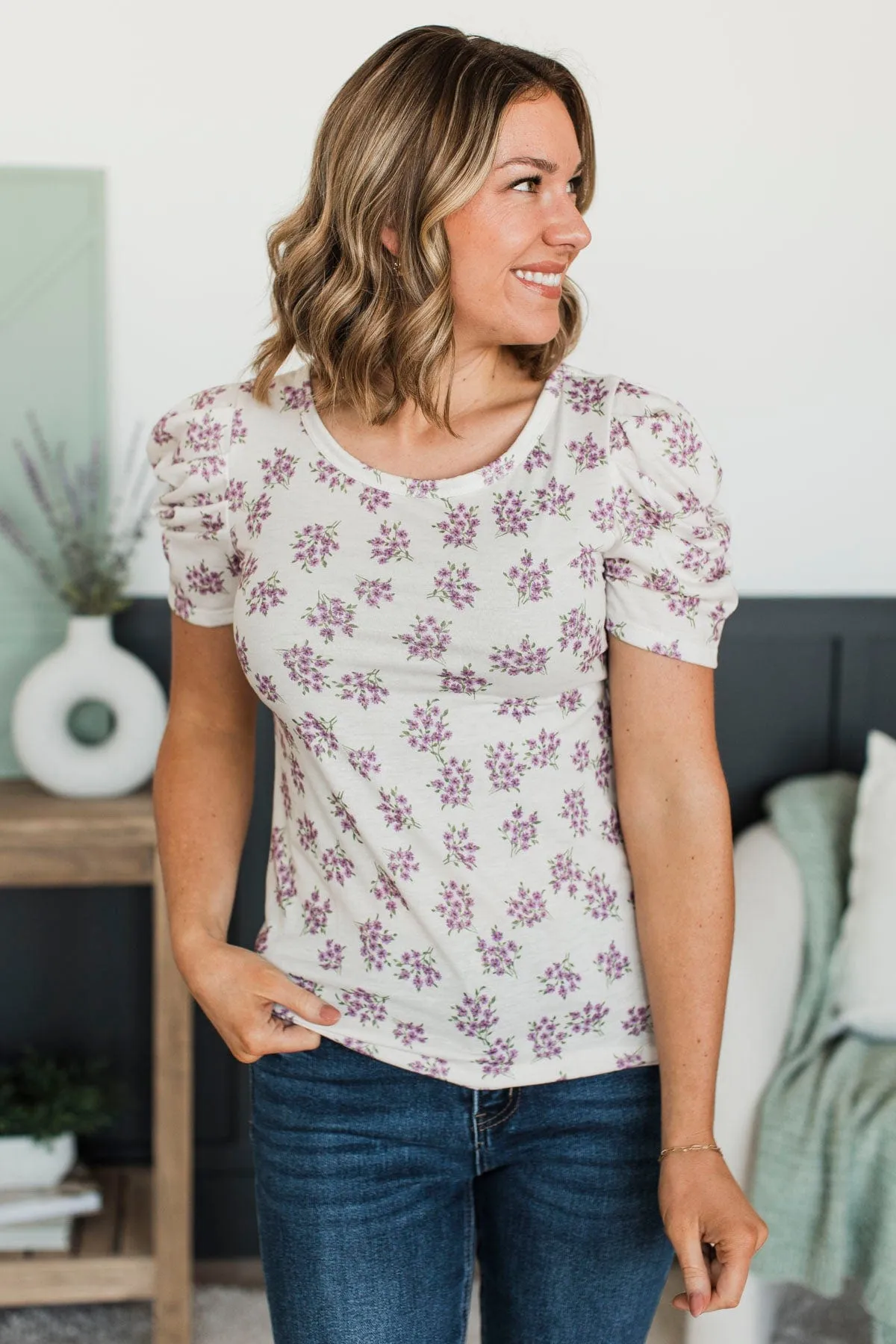 Unbelievably Devoted Floral Top- Off-White & Purple