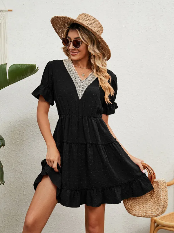 V-Neck Chiffon Dress with Lace Detail and Ruffled Sleeves