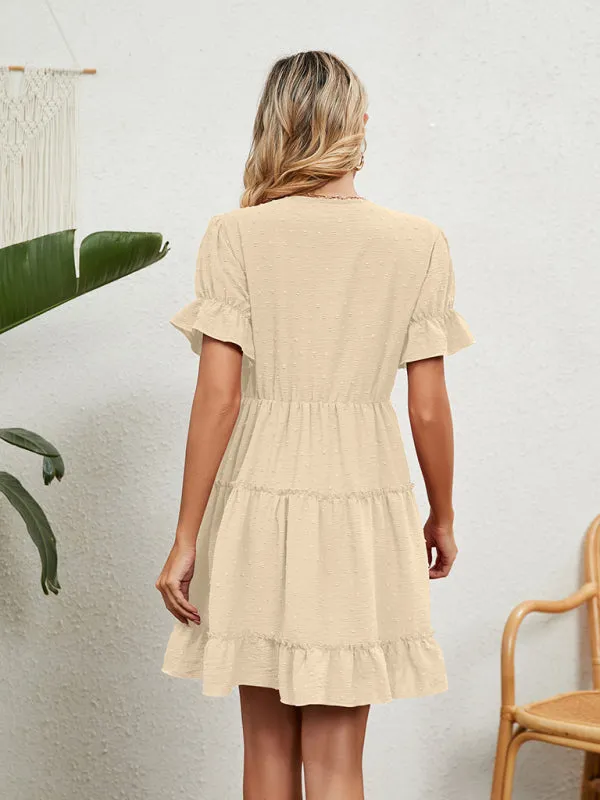 V-Neck Chiffon Dress with Lace Detail and Ruffled Sleeves