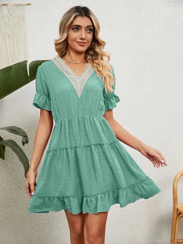 V-Neck Chiffon Dress with Lace Detail and Ruffled Sleeves