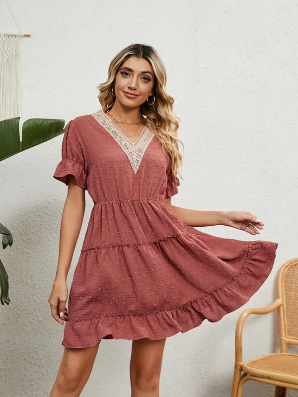 V-Neck Chiffon Dress with Lace Detail and Ruffled Sleeves