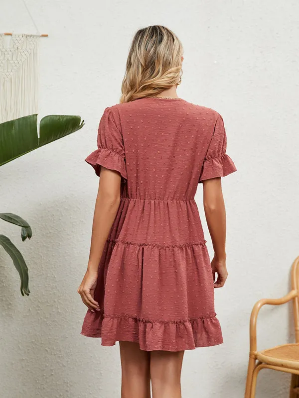 V-Neck Chiffon Dress with Lace Detail and Ruffled Sleeves