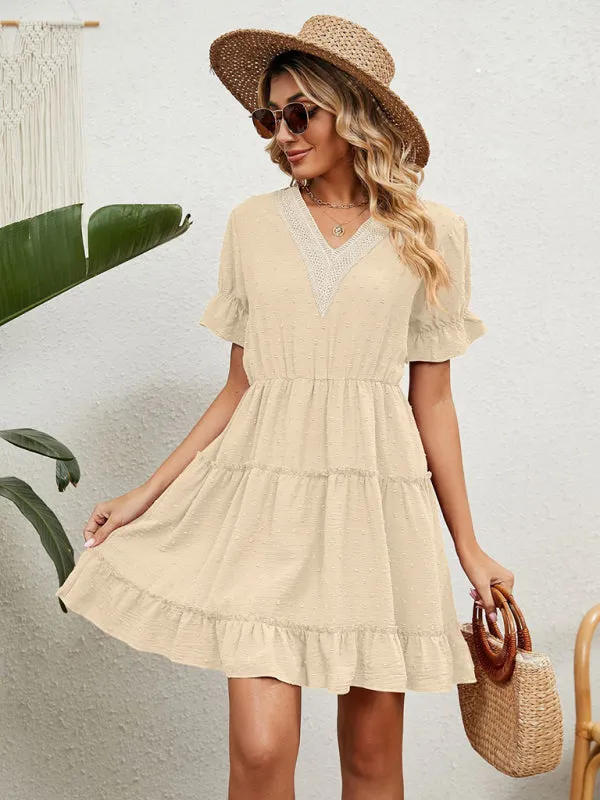 V-Neck Chiffon Dress with Lace Detail and Ruffled Sleeves