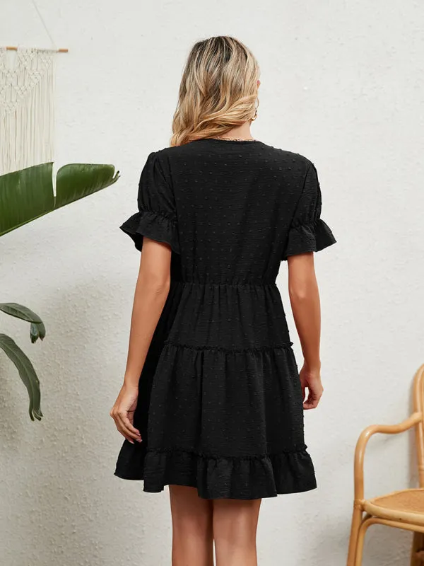 V-Neck Chiffon Dress with Lace Detail and Ruffled Sleeves