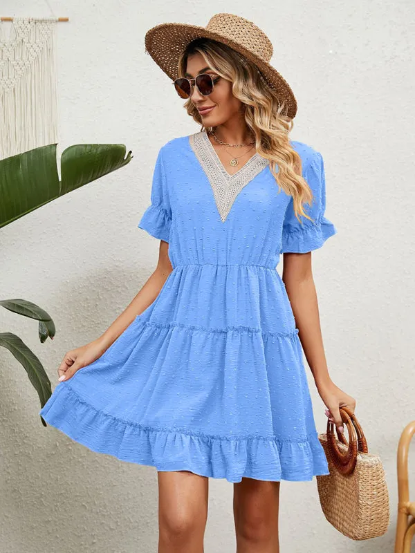 V-Neck Chiffon Dress with Lace Detail and Ruffled Sleeves