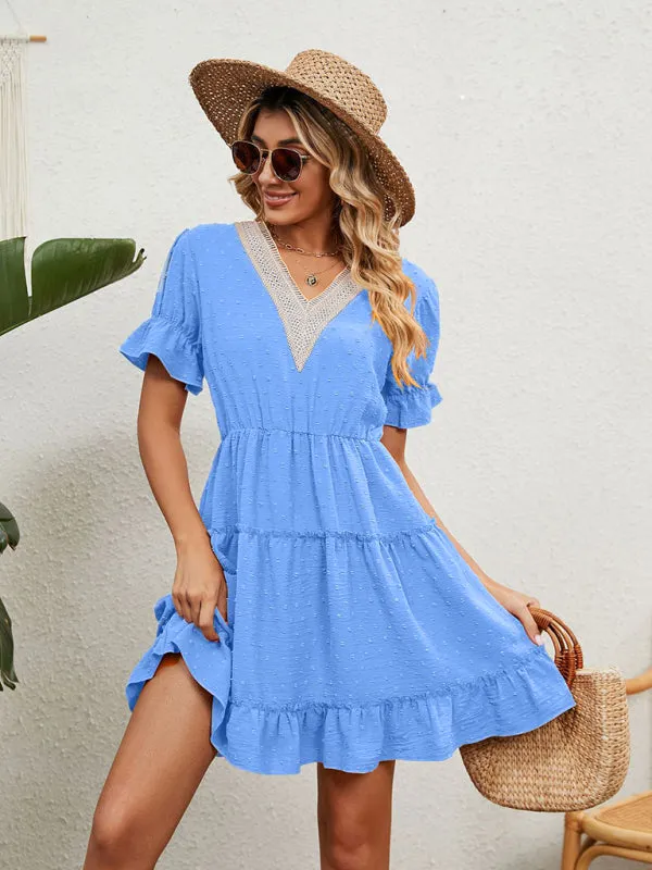 V-Neck Chiffon Dress with Lace Detail and Ruffled Sleeves