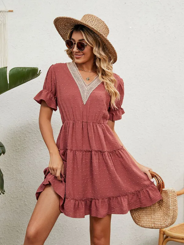 V-Neck Chiffon Dress with Lace Detail and Ruffled Sleeves