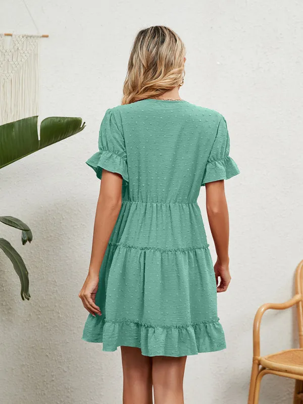 V-Neck Chiffon Dress with Lace Detail and Ruffled Sleeves