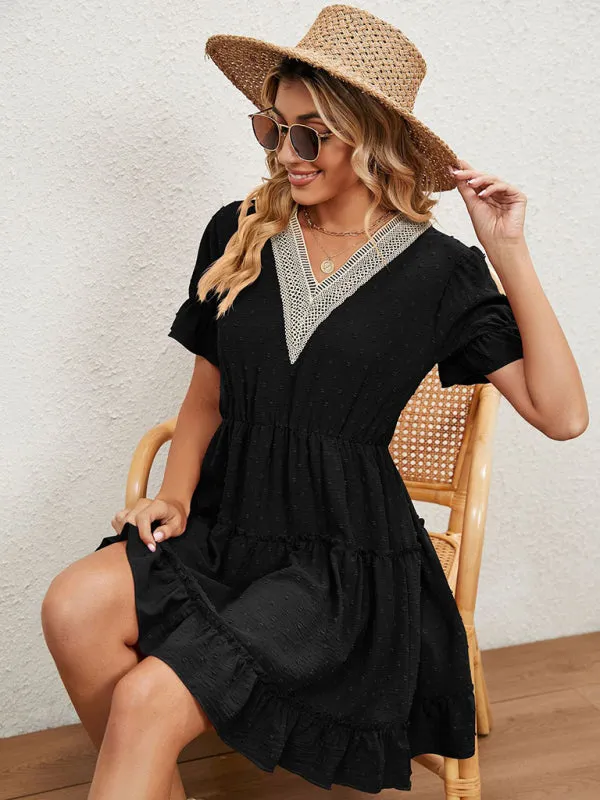 V-Neck Chiffon Dress with Lace Detail and Ruffled Sleeves