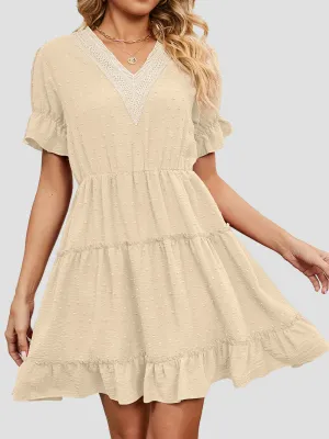 V-Neck Chiffon Dress with Lace Detail and Ruffled Sleeves
