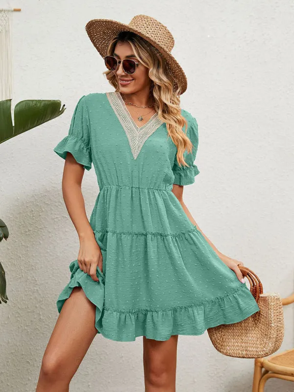V-Neck Chiffon Dress with Lace Detail and Ruffled Sleeves