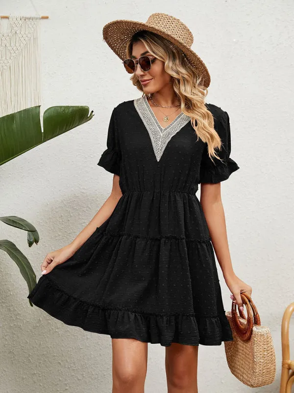 V-Neck Chiffon Dress with Lace Detail and Ruffled Sleeves