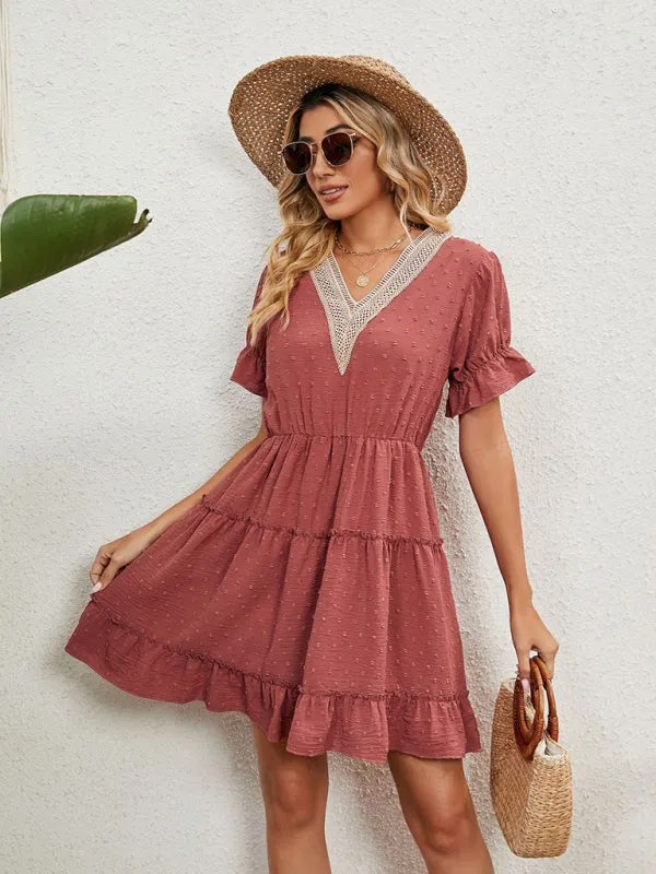 V-Neck Chiffon Dress with Lace Detail and Ruffled Sleeves