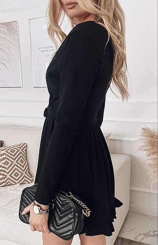 V-Neck Mini Dress with Lace-Up Waist and Ruffled Hem