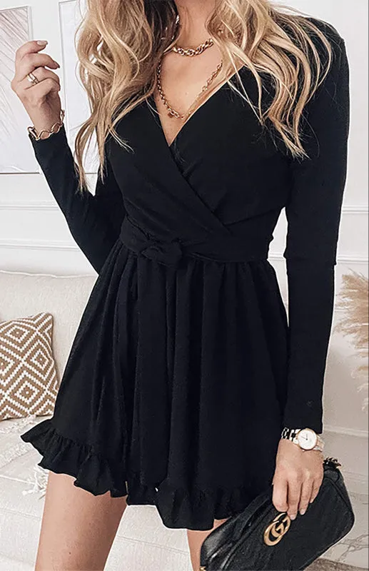 V-Neck Mini Dress with Lace-Up Waist and Ruffled Hem