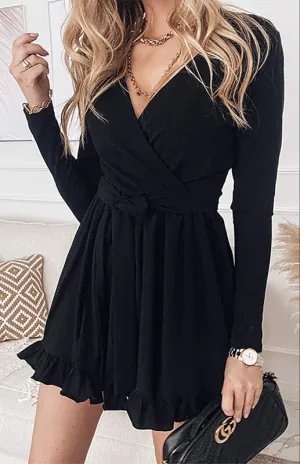 V-Neck Mini Dress with Lace-Up Waist and Ruffled Hem