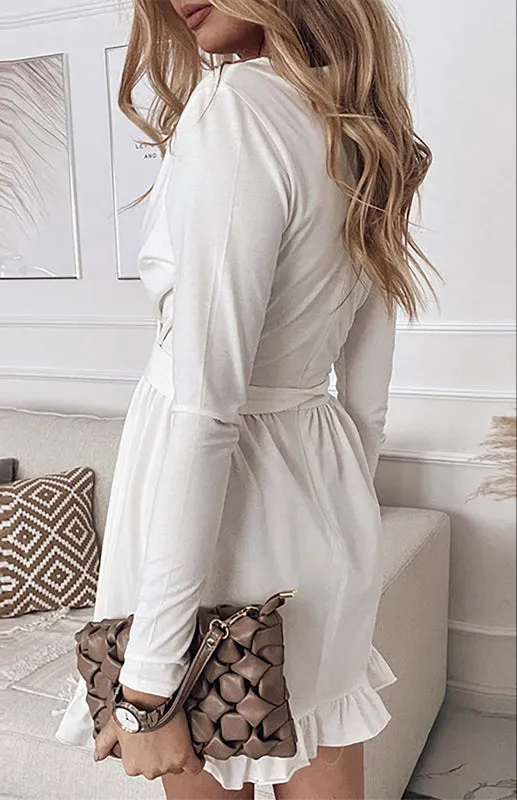 V-Neck Mini Dress with Lace-Up Waist and Ruffled Hem