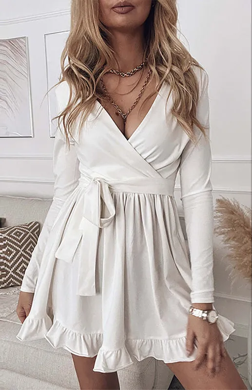 V-Neck Mini Dress with Lace-Up Waist and Ruffled Hem