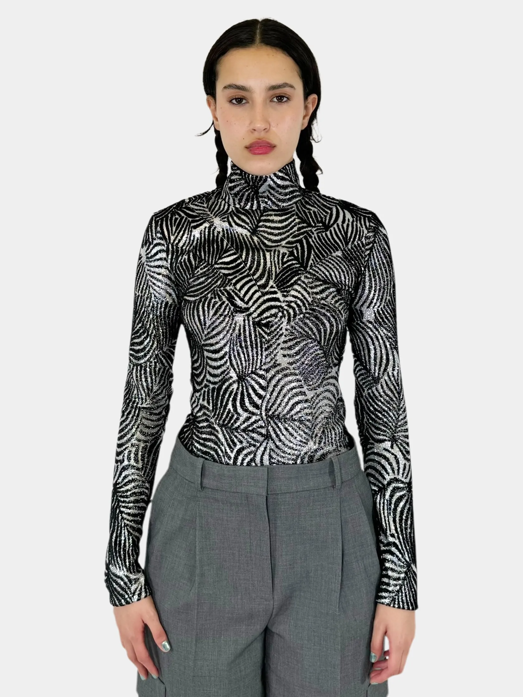 Velvet Jacquard Turtleneck Top - Size 38