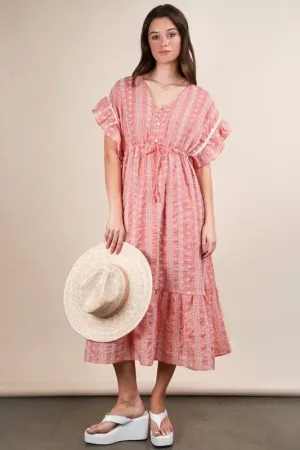 VERY J Embroidered Boho Ruffled Midi Dress