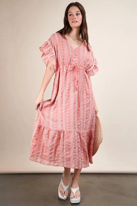 VERY J Embroidered Boho Ruffled Midi Dress