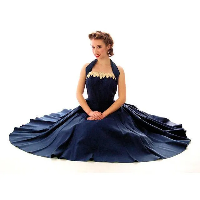Vintage 1940s Dress Halter Gown Navy Blue Taffeta Circle Skirt Small 32-26-Free