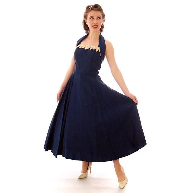 Vintage 1940s Dress Halter Gown Navy Blue Taffeta Circle Skirt Small 32-26-Free