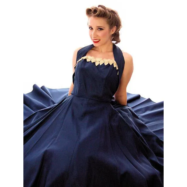 Vintage 1940s Dress Halter Gown Navy Blue Taffeta Circle Skirt Small 32-26-Free