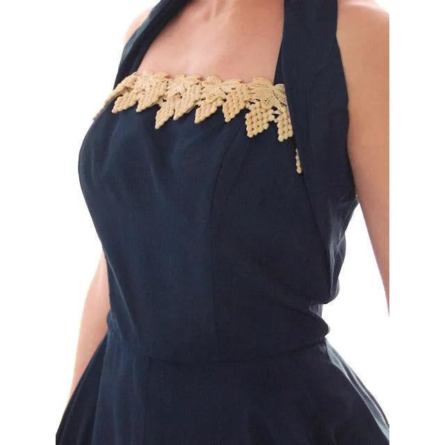 Vintage 1940s Dress Halter Gown Navy Blue Taffeta Circle Skirt Small 32-26-Free