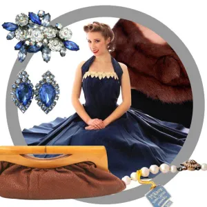 Vintage 1940s Dress Halter Gown Navy Blue Taffeta Circle Skirt Small 32-26-Free