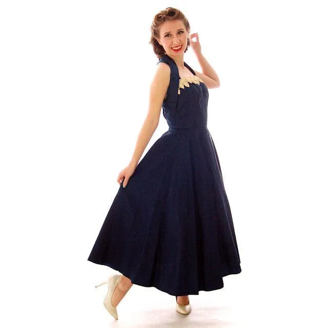 Vintage 1940s Dress Halter Gown Navy Blue Taffeta Circle Skirt Small 32-26-Free