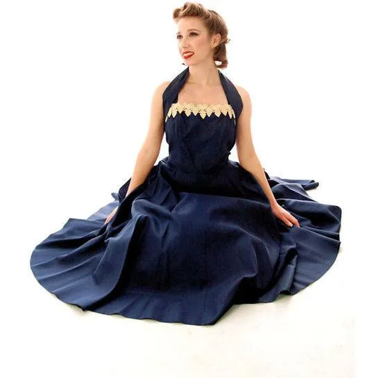 Vintage 1940s Dress Halter Gown Navy Blue Taffeta Circle Skirt Small 32-26-Free