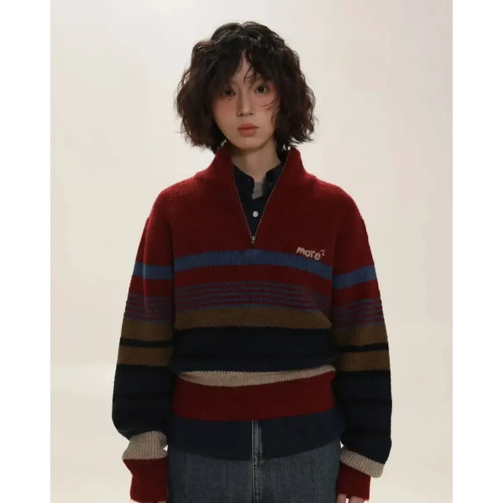Vintage Aesthetic Knitted Zip Sweater in Retro Striped Design