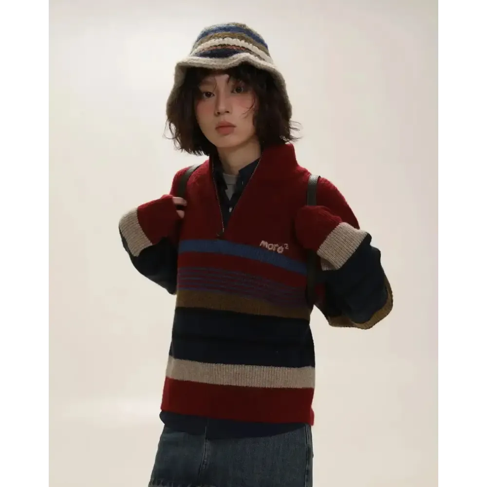 Vintage Aesthetic Knitted Zip Sweater in Retro Striped Design
