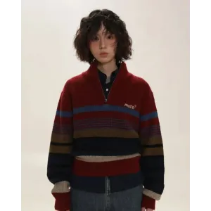 Vintage Aesthetic Knitted Zip Sweater in Retro Striped Design