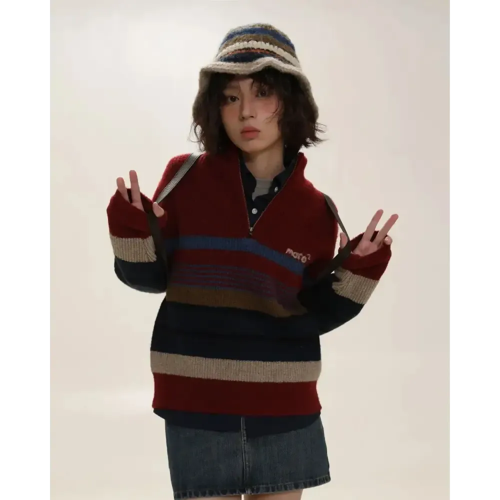 Vintage Aesthetic Knitted Zip Sweater in Retro Striped Design