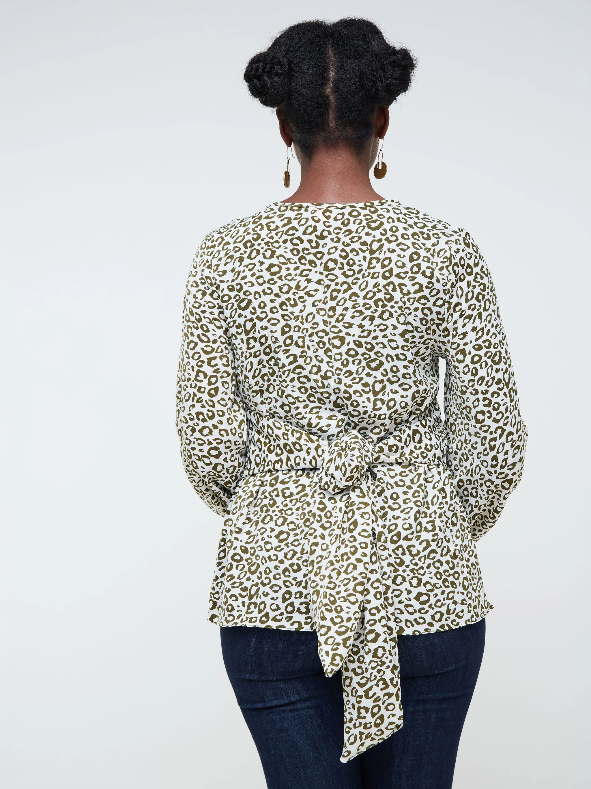 Vivo Basic Crepe Tie Top - White / Hunters Green Animal Print