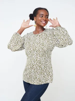 Vivo Basic Crepe Tie Top - White / Hunters Green Animal Print